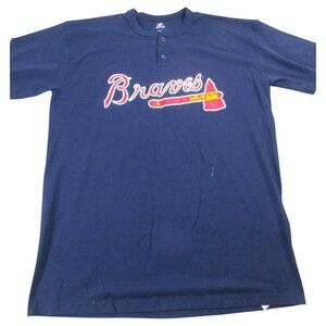 Atlanta Braves Shirt Mens XL Navy Blue Majestic MLB Baseball Sports Henley Neck